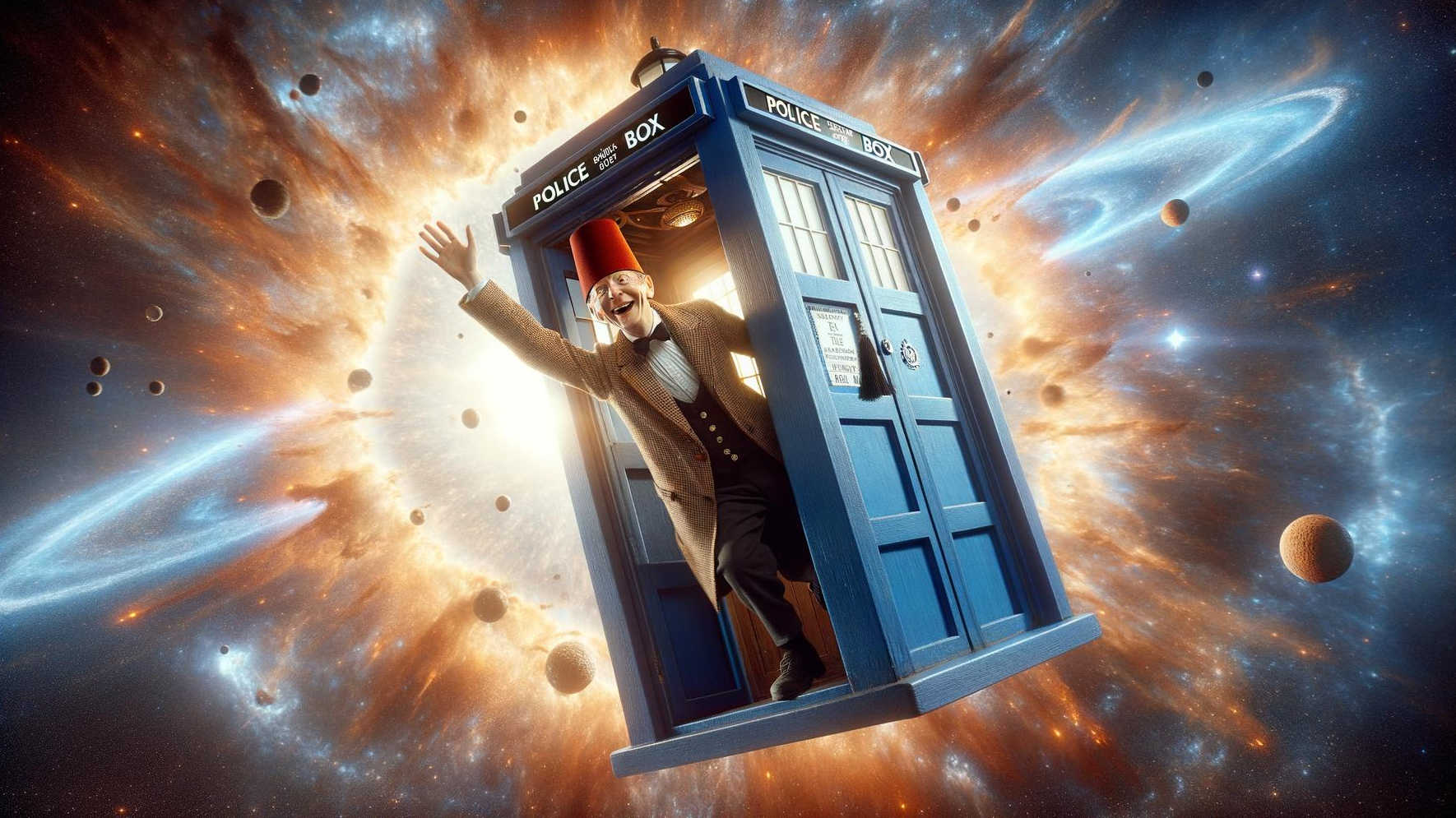 No idea which version of The Doctor this is, but waving at passing spaceships while a supernova explodes behind him is a thing he'd do!